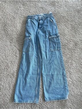 Zara Light Blue High-Rise Wide-Leg Cargo Jeans